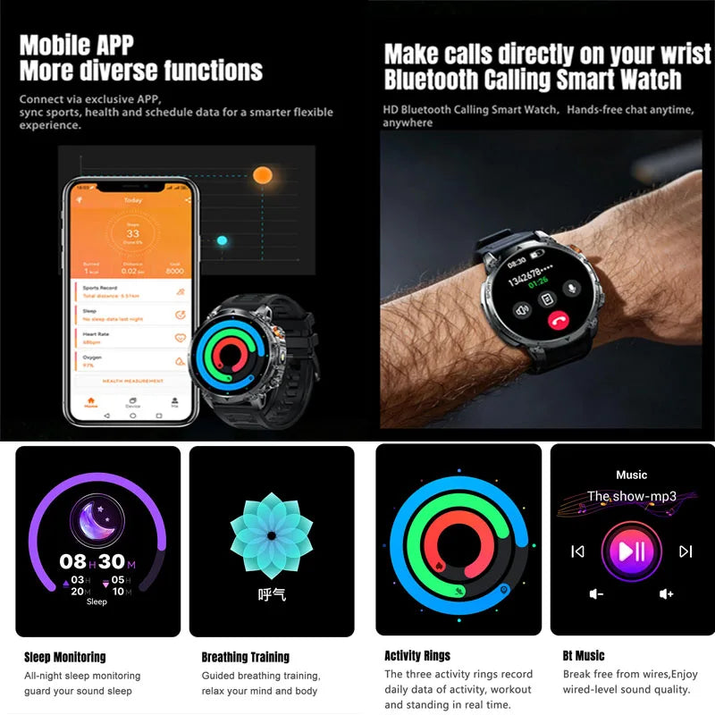 Hot New 1400mAh Big Battery Smart Watch Men Outdoor Flashlight IP68 Waterproof Bluetooth Call AMOLED Military Sports Smartwatch