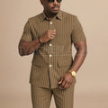 Navy Blue Striped Men Suits Chic Stand Collar Short Sleeves Wear Single Breasted Office Business Casual Male Suit 2 Piece