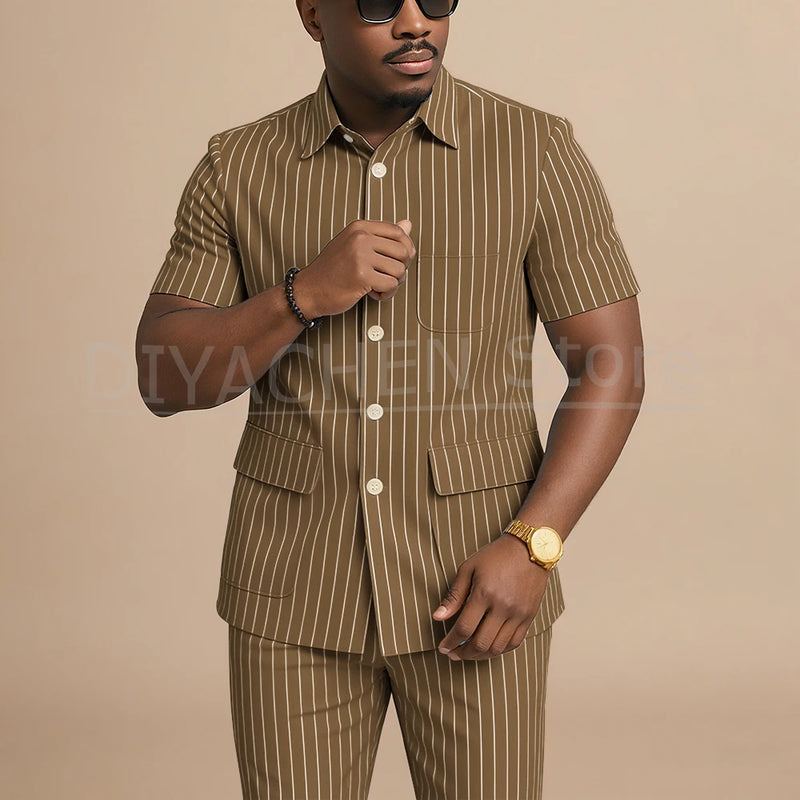 Navy Blue Striped Men Suits Chic Stand Collar Short Sleeves Wear Single Breasted Office Business Casual Male Suit 2 Piece