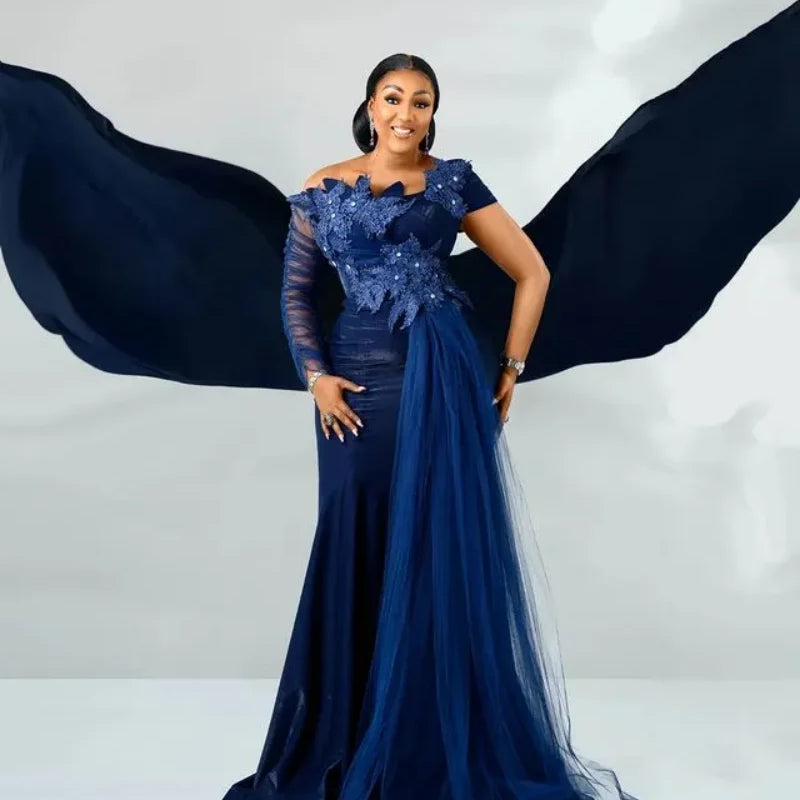 Aso Ebi Arabic Navy Blue Mermaid Evening Dresses Crystals | SAMAG