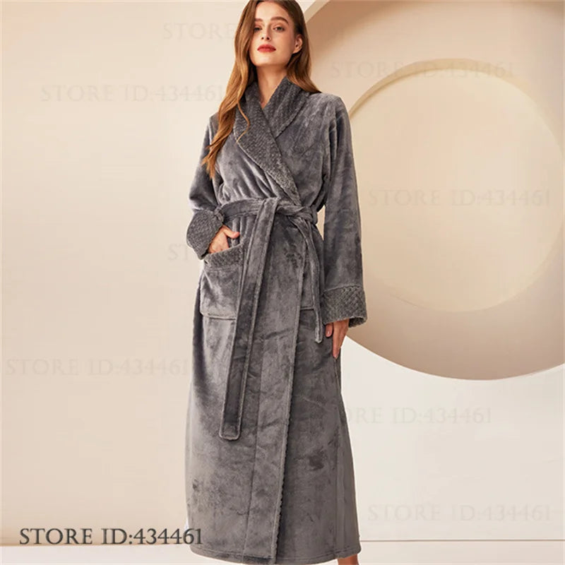 Large Size Flannel Men's Long Robe Kimono Gown Winter Thicken Sleepwear Loungewear Loose Coral Fleece Couple Pajama Home Clothes