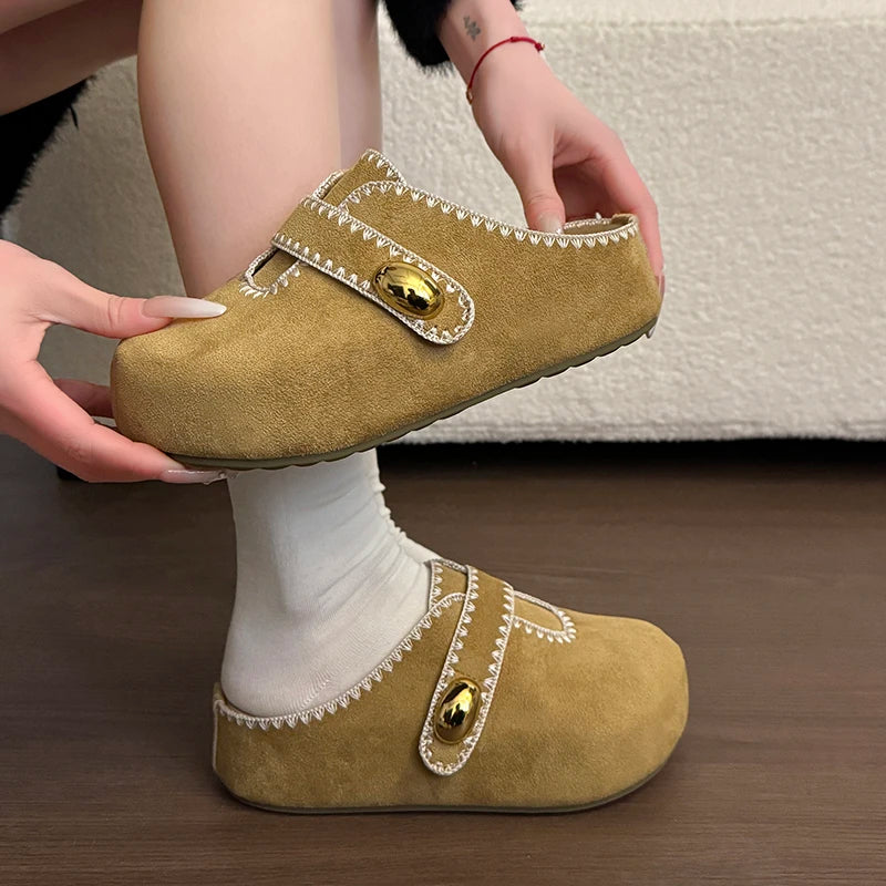 Women's Ladies Suede Flat Clogs Mules Slides with Contrast Stitching Closed Toe Slip On Comfotrable Casual Daily Slippers Shoes