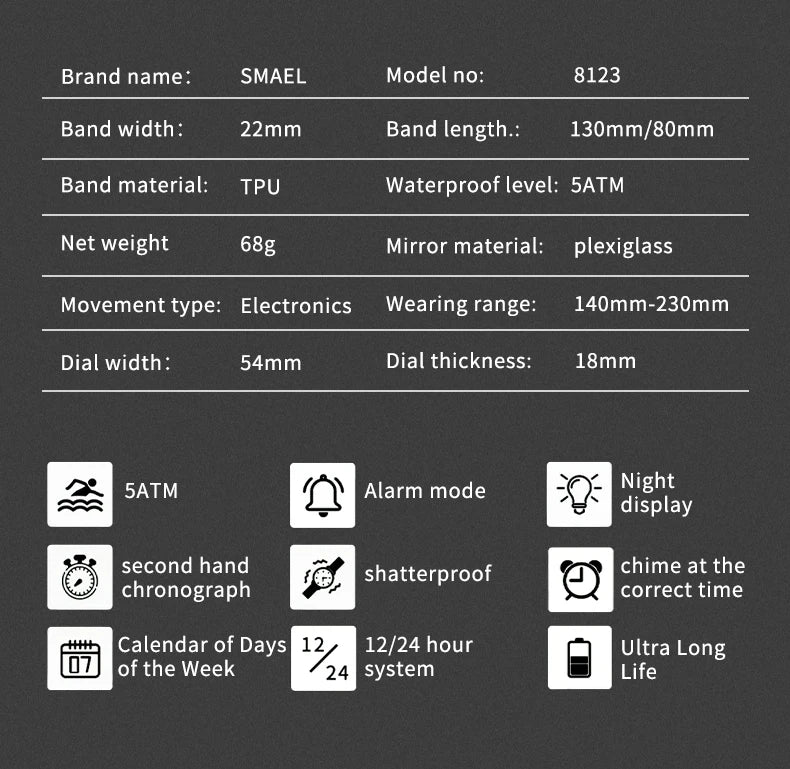 SMAEL 8123 Men's Digital Sport Watch - 50M Water Resistant LED Backlight Alarm Chronograph Stopwatch Shock Resistant