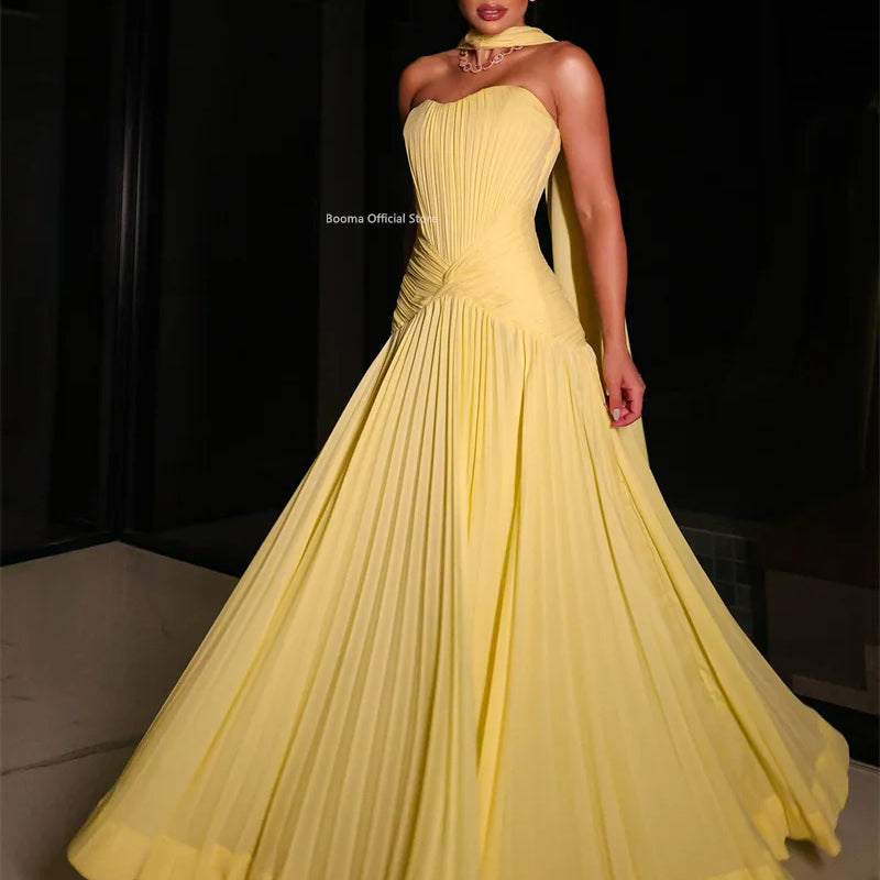 Booma A-Line Pleat Yellow Evening Dresses Sleeveless | SAMAG