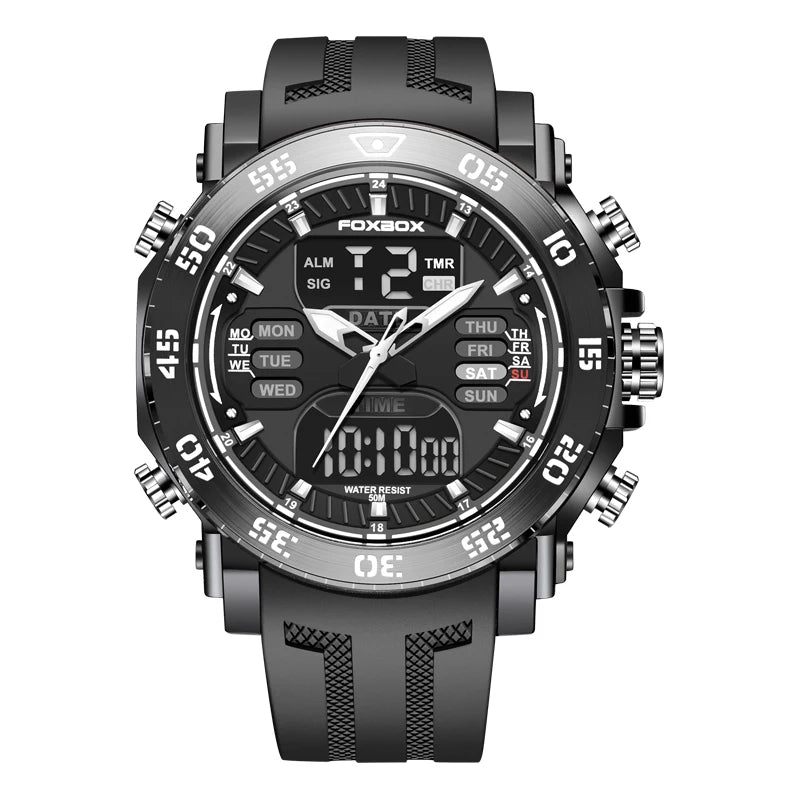 FOXBOX Fashion Outdoor Electronics Watches Male Luxury Casual Waterproof Luminous Alarm Auto Date Dual Digital Display Man Watch