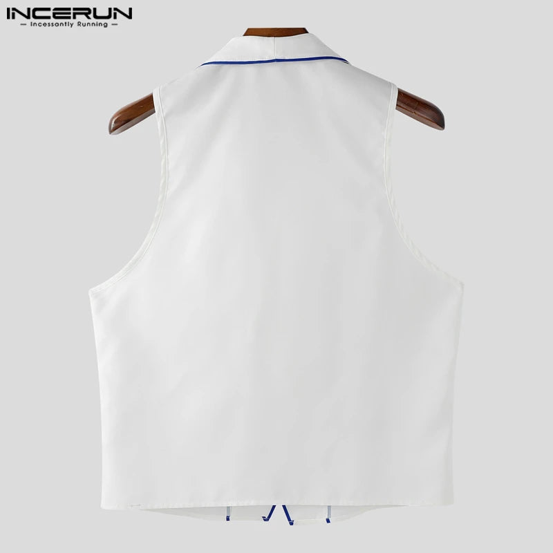 INCERUN Men Vests Printing Color-block Lapel Sleeveless Button Casual Male Waistcoats Streetwear 2025 Fashion Leisure Vests Men