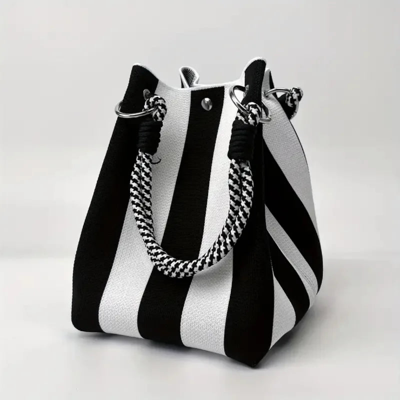 Korean Style Mini Knit Tote Bag Women Striped Crochet Bucket Handbag Lightweight Summer Daily Shoulder Purse For Vacation