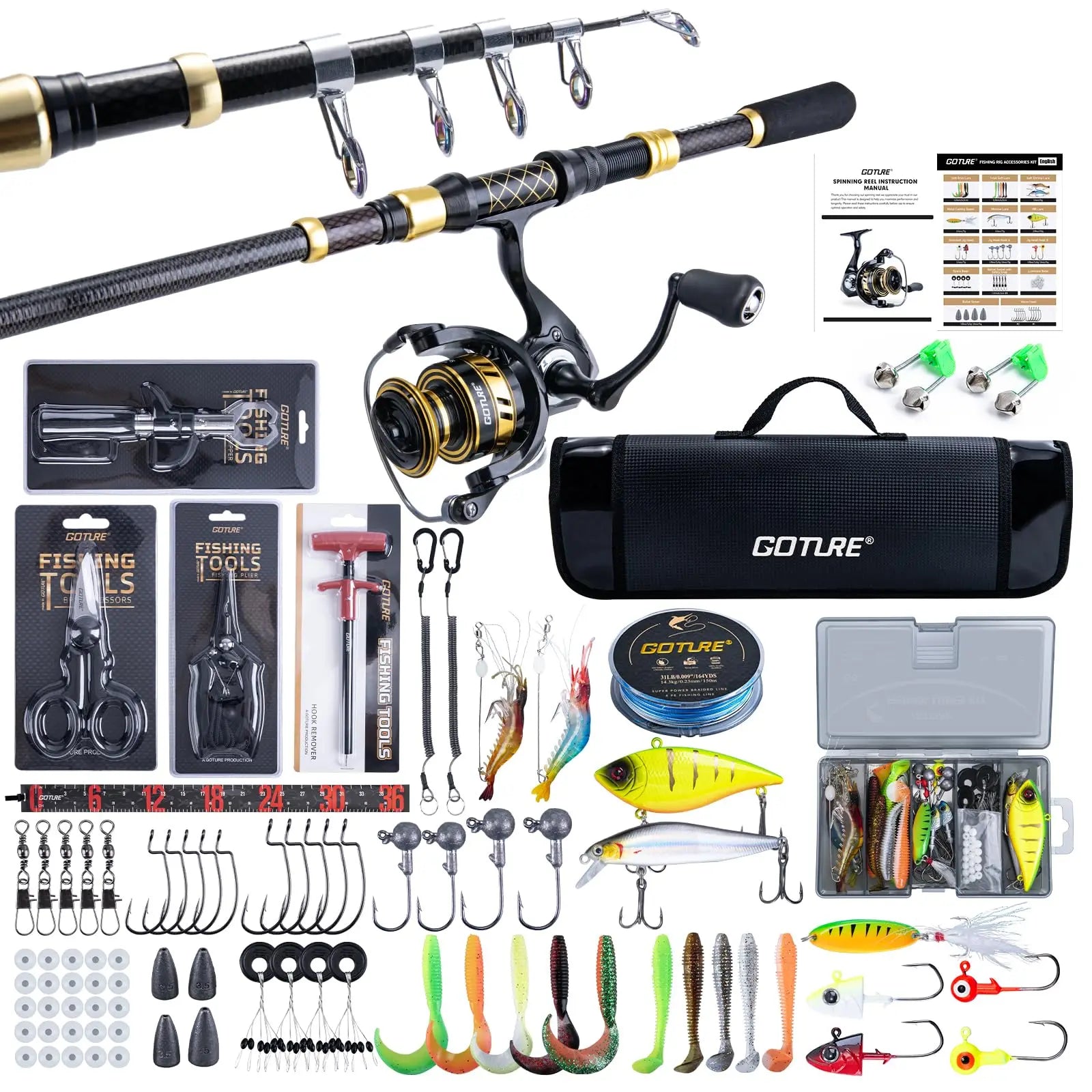 Goture Carbon Telescopic Rod Spinning Reel Full Tackle Kit PE Line Lures Hooks Tools Bag Saltwater Freshwater Fishing Gear Set