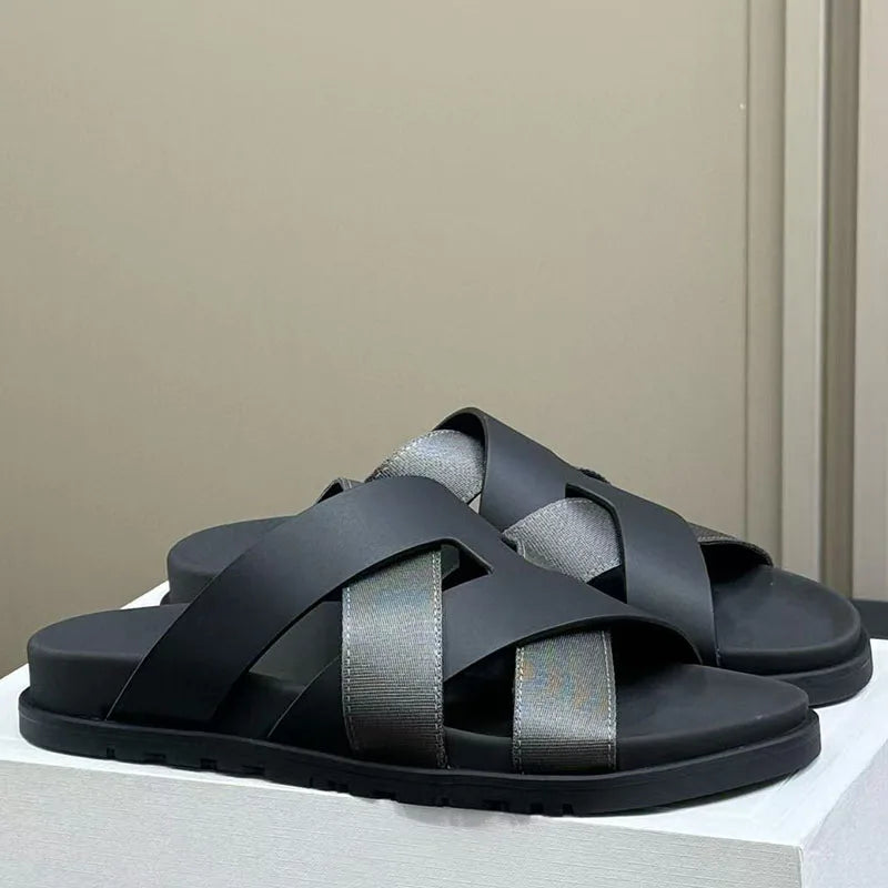 Spring and summer braided calfskin functional sandals, suede color-block slippers, couple's vacation beach slippers