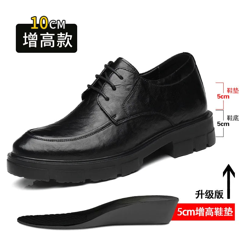 Men's Business High Heeled Leather Shoes Casual Thick Sole 10cm Height Increasing Hand Painted Pattern Trendy Formal Dress Shoes