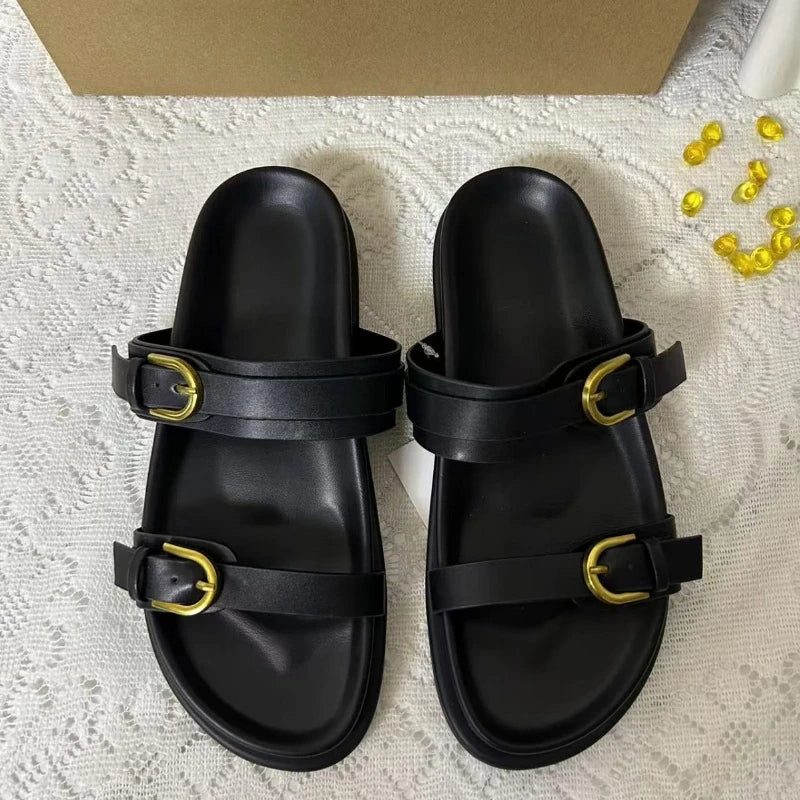Women's Flat Slide Sandals Double Strap Buckle Premium Soft PU Leather Open Toe Casual Summer Beach Slippers 2026