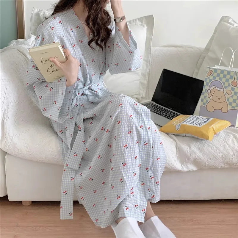 Small Fresh Sweet Plaid Cherry Robe Nightgown Female | SAMAG