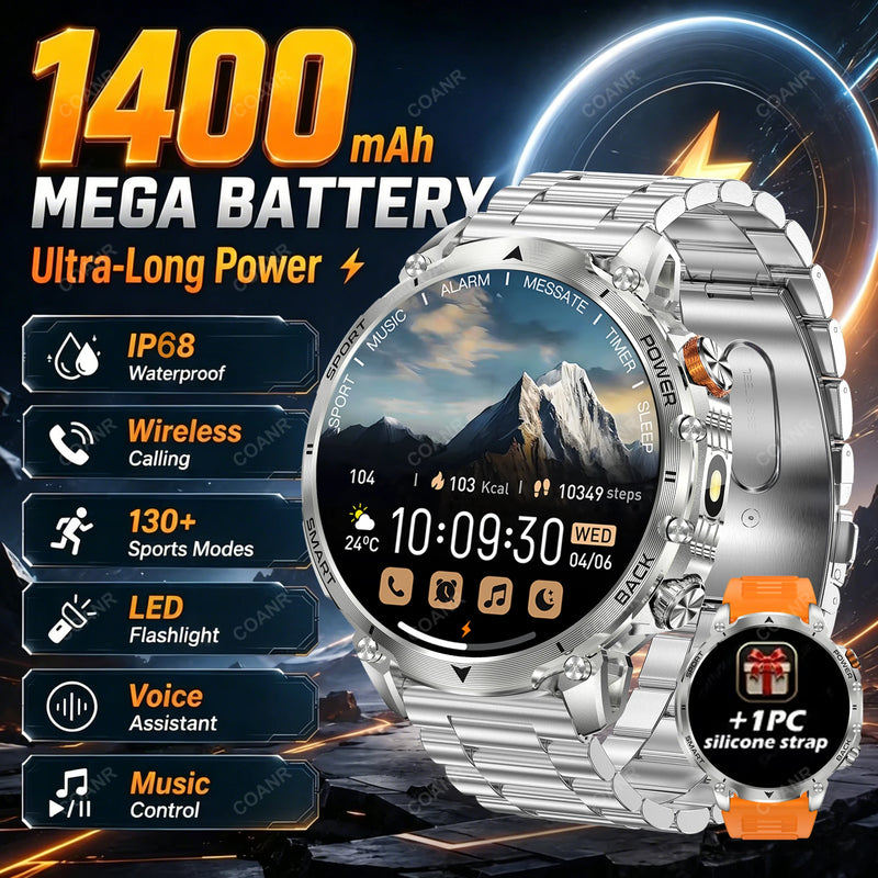 Newly Durable 1400mAh Large Battery Men Smart Watch 1.7" HD Screen IP68 Waterproof LED Flashlight Sport BT Call Smart Bracelet