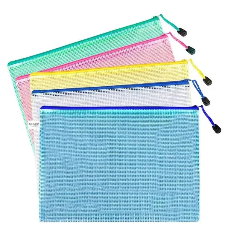 5PCS A5 Mesh Zipper File Bag Creative Student Stationery Waterproof Pen Bag Office Transparent Data Bag Bill Storage Bag