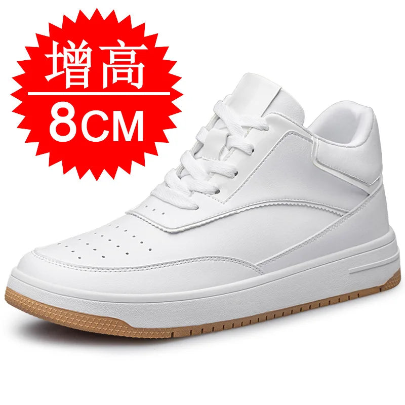 Men's Invisible Height Increasing Elevator Shoes 6cm 8cm 10cm Pure White Light-Weight Lace-up Genuine Leather Sporty Sneakers