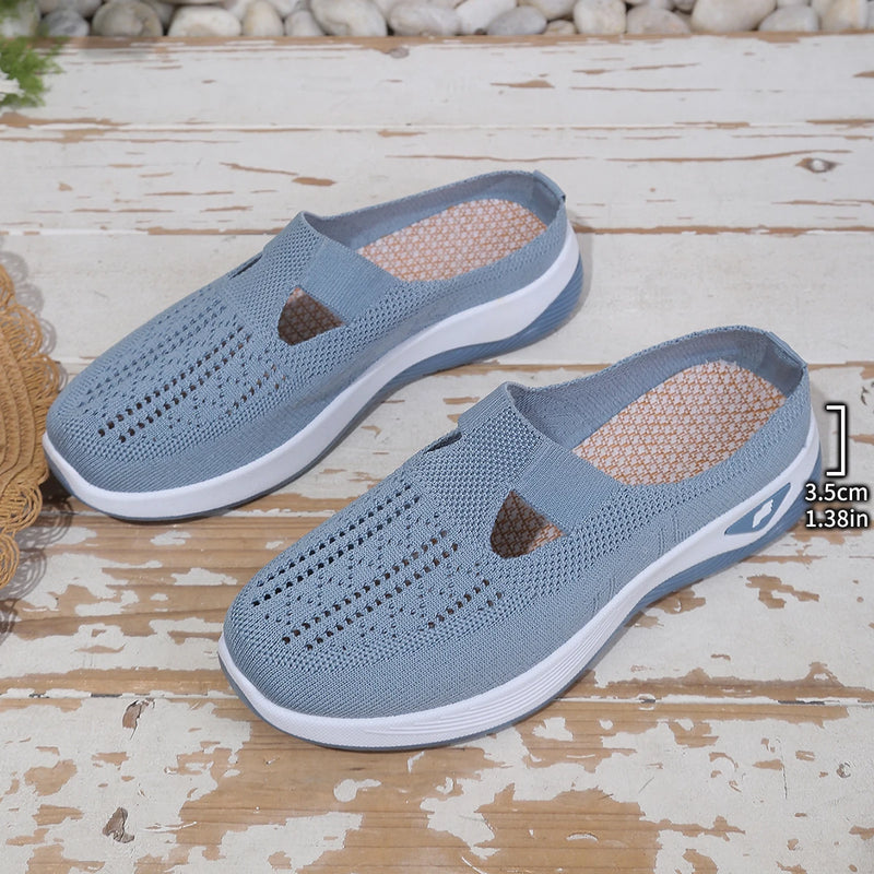 Women's Backless Walking Mules Non-Slip Breathable Knit Slippers for Elderly Ladies Indoor Outdoor Casual Shoes