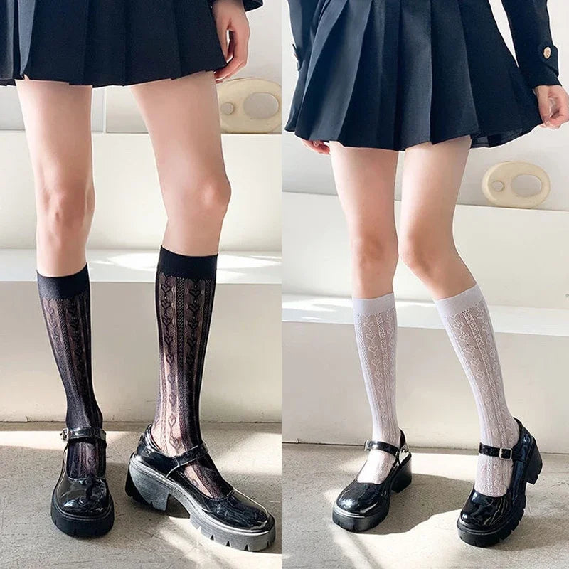 Lace Flower Print Long Socks Lingerie Sexy Floral Mesh High Knee Sock Women Summer Thin Transparent Lolita Kawaii Calf Stockings