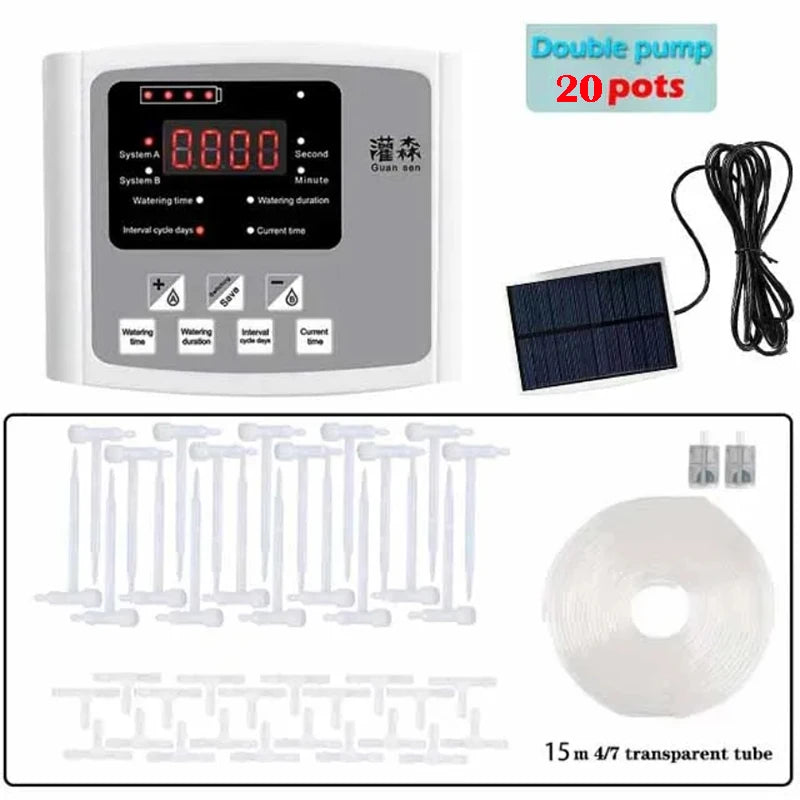 Automatic Solar Energy Drip Irrigation Device Double Pump Adjustable Valve Controller Timer System Intelligent Garden Watering
