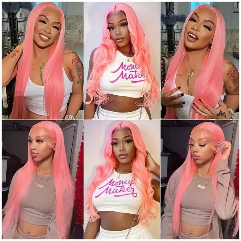 Pink Straight Human Hair Wigs 13X6 Hd Transparent Lace Frontal Wig Brazilian 220 Density Pre Plucked 13X4 30 Inch Lace Front Wig