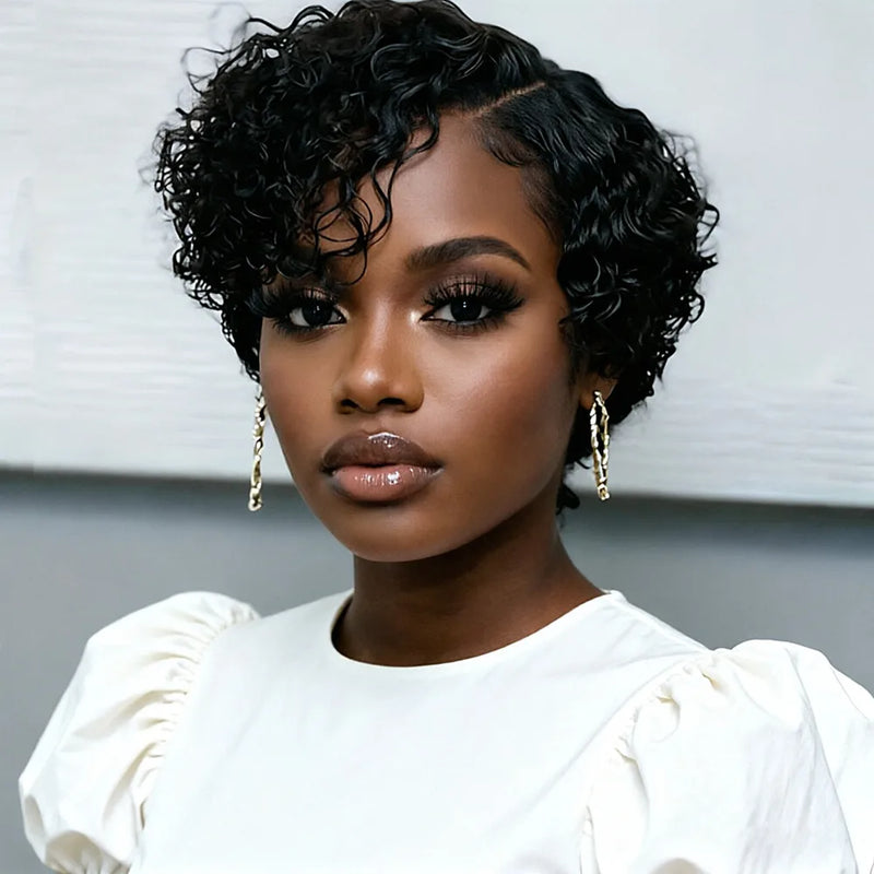 short curly 13x1 T lace Party holidays PIXIE WIG 150% density 6inch natural black color pixie cut human hair wigs
