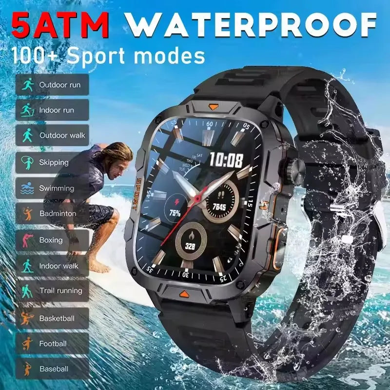 2025 New Military Grade Smart Watch Men 1.96" AMOLED Screen 5ATM Waterproof Simming Sports Fitness Tracker BT Call Smartwatches