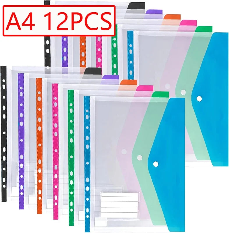 6/12pcs A4 11 Holes Binder Pocket Organizer Folders Transparent File Bag Document Pouch with Button Label for School Home Office