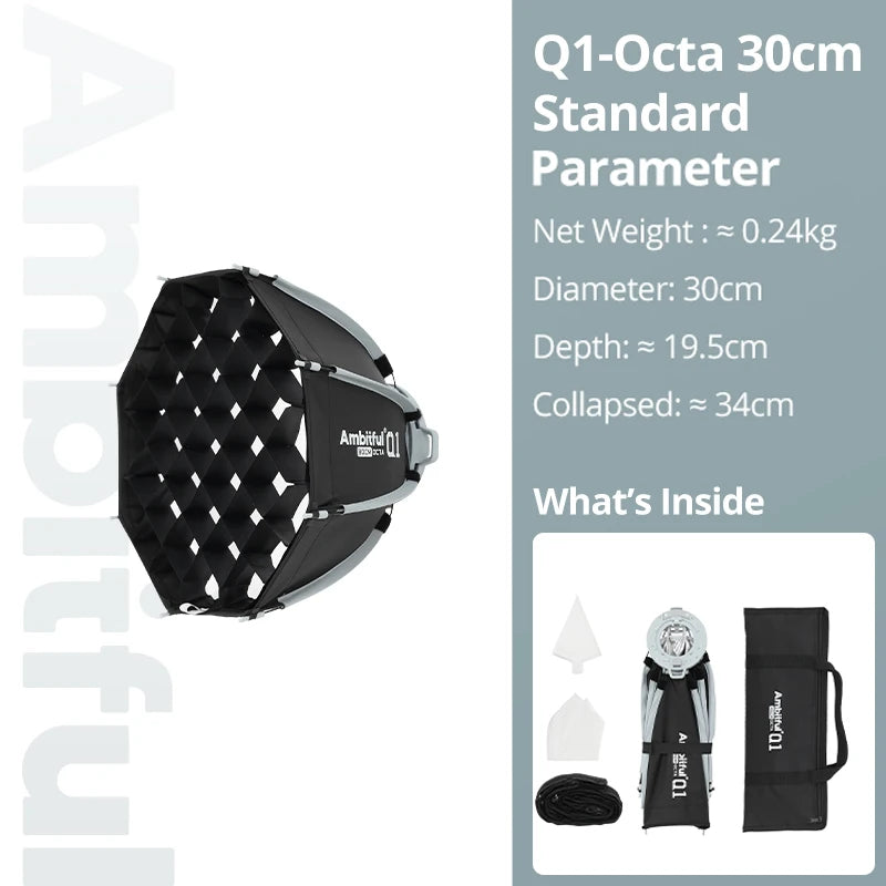 AMBITFUL Q1 30cm 45cm Octagon Softbox 20*50cm Strip Softbox Quick-Setup Design With Grid Mini Bowens or GODOX Mount For Studio