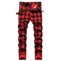 Men's Red Jeans with Checkered Print Details, Made | SAMAG