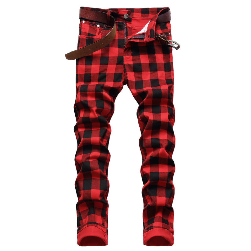 Men's Red Jeans with Checkered Print Details, Made | SAMAG