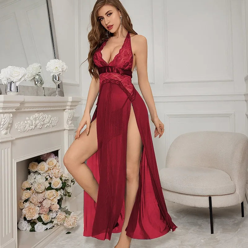 Sexy Nightgown Floral Lace Lingerie Babydolls High Waist Split See-Through V-Neck Nightdress Sleepwear Slips Nightie with Thong