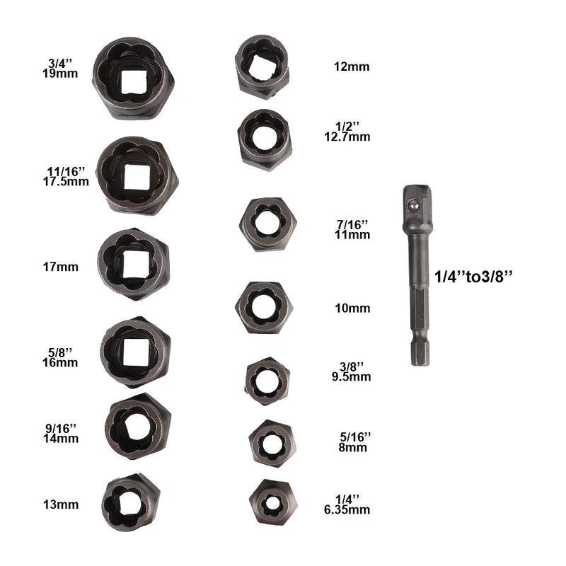 Car Tool Kit Hand Tools 6.35mm-19mm Damaged Screw Extractor 14pcs Bolt Nut Remover Socket Set Cr-Mo Steel