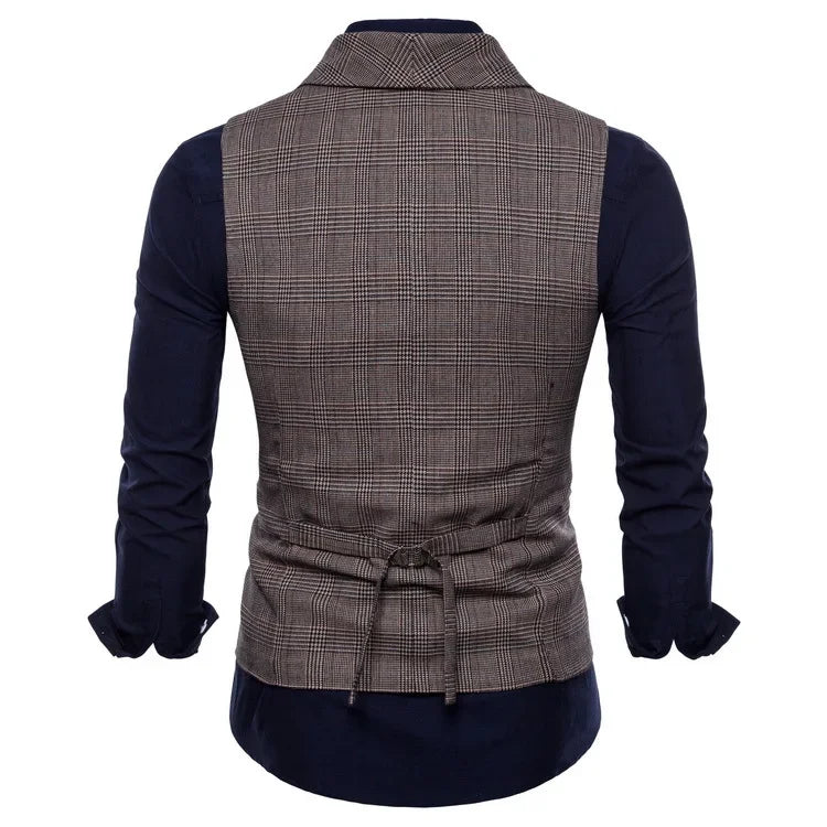Blazer Men Vests Plaid Suits Coats Double Breasted Turn Down Collar Sleeveless Slim Fit Vest Coat Casual Regular Splice Autumn