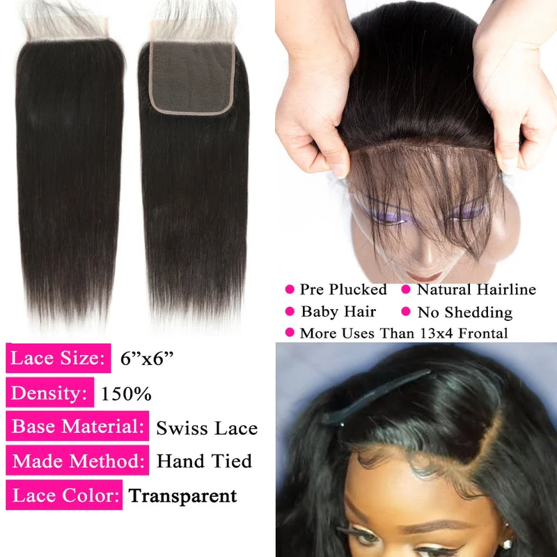 Queenlike 5x5 Lace Closure With Bundles Brazilian Weave 30 40 Inch Straight Human Hair Bundles With 6X6/13X4 Frontal Closures
