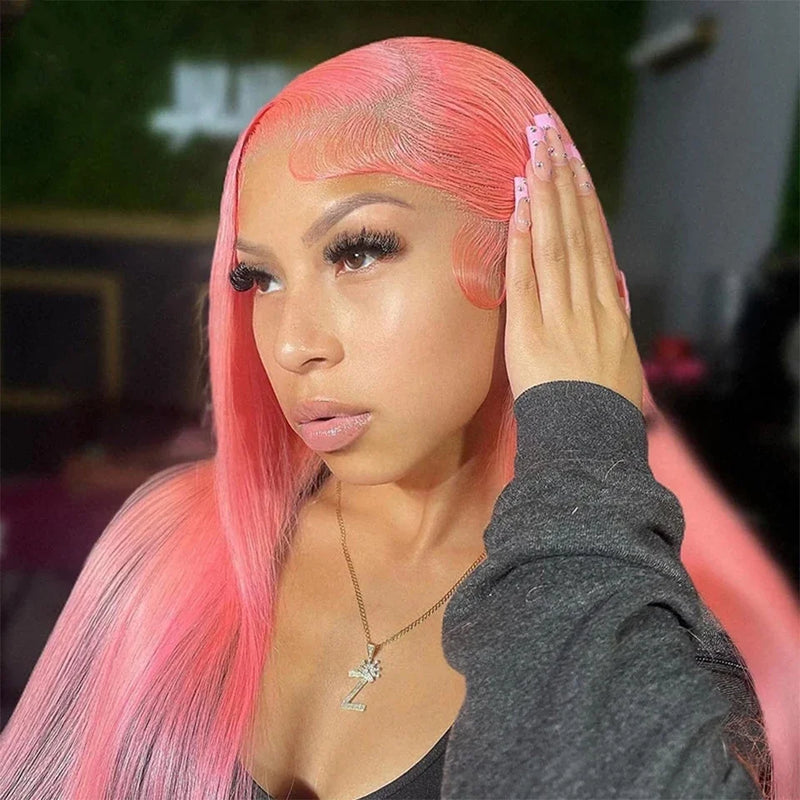 Pink Straight Human Hair Wigs 13X6 Hd Transparent Lace Frontal Wig Brazilian 220 Density Pre Plucked 13X4 30 Inch Lace Front Wig