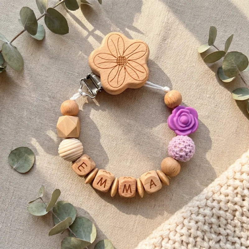 Personalized Name Pacifier Clip Silicone Wooden Dinosaur Baby Teether Holder BPA Free Custom Soother Chain Handmade Dummy Clip