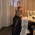 Sexy Lace Patchwork Dress Women Hollow Out Sleeveless Party Club Long Skirt See Through Halter Evening Gown Vacation Lady Robes