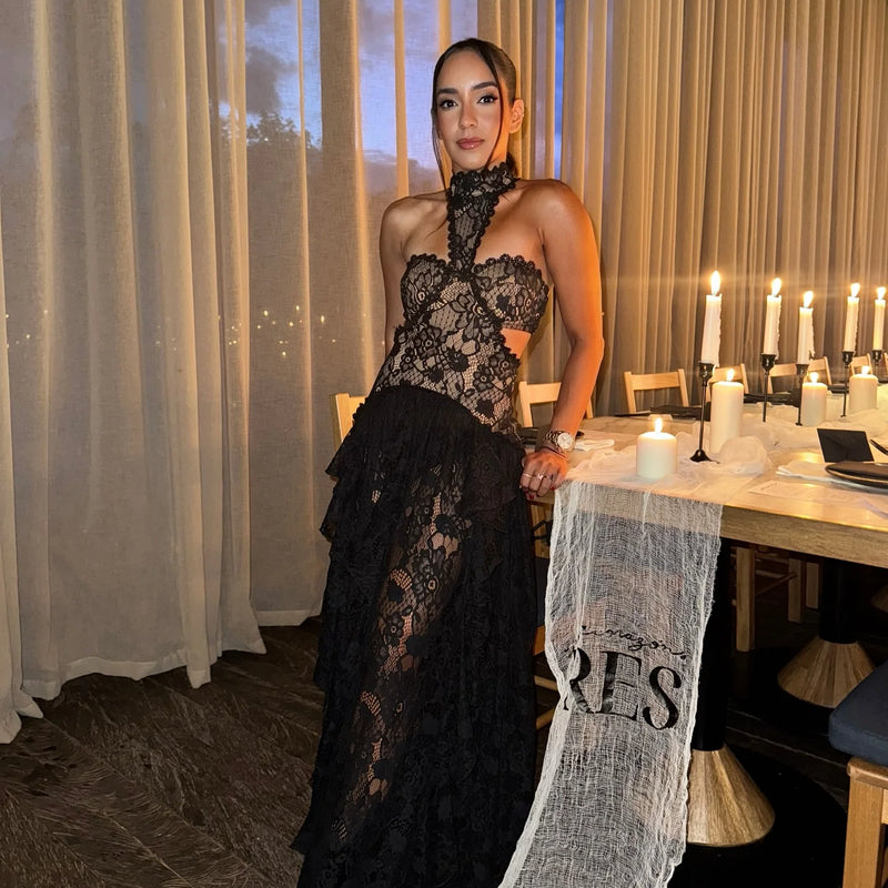 Sexy Lace Patchwork Dress Women Hollow Out Sleeveless Party Club Long Skirt See Through Halter Evening Gown Vacation Lady Robes