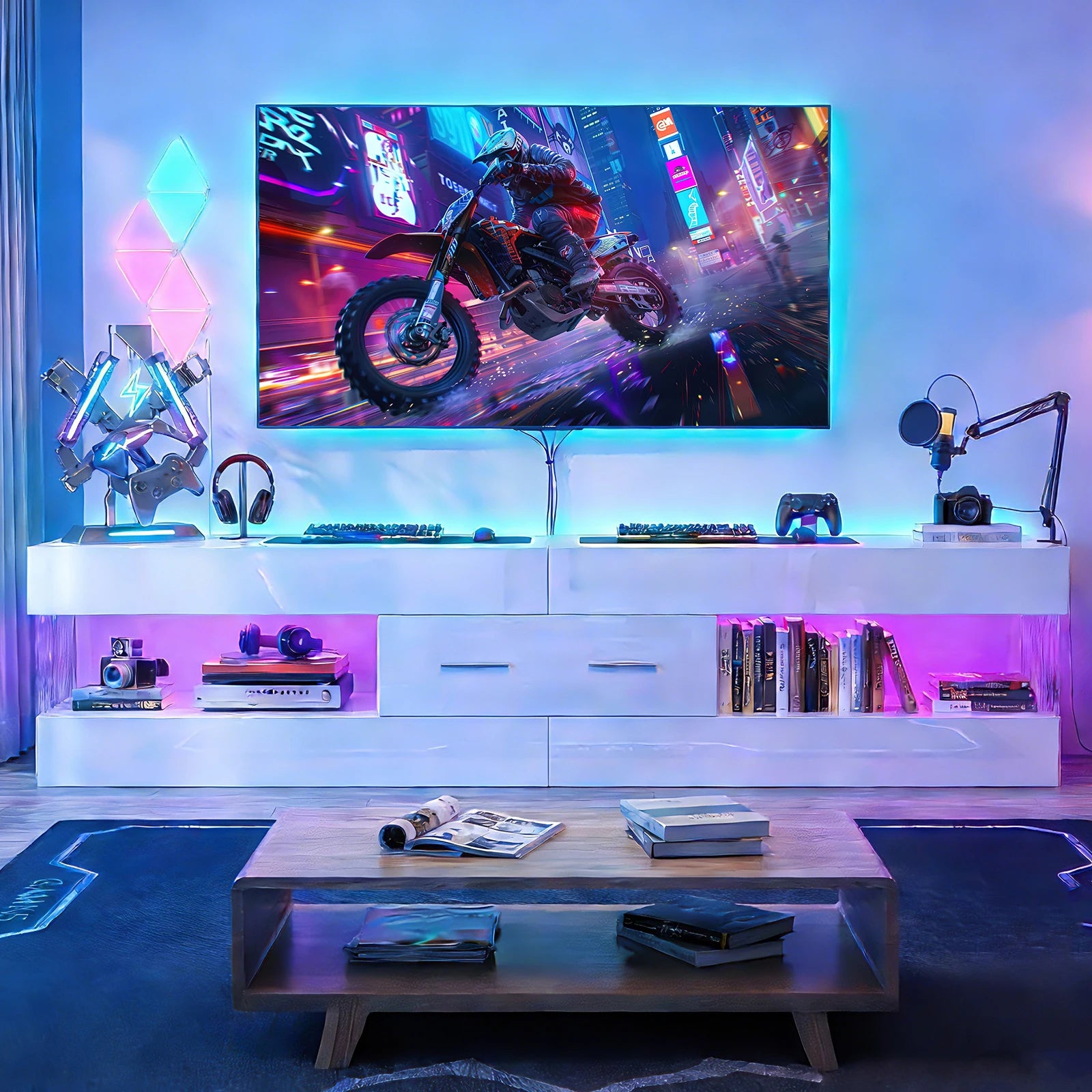 67" TV Stand for 75" TVs, High Gloss LED Media Console with Stone Doors, Drawer & Storage for Living Room, White