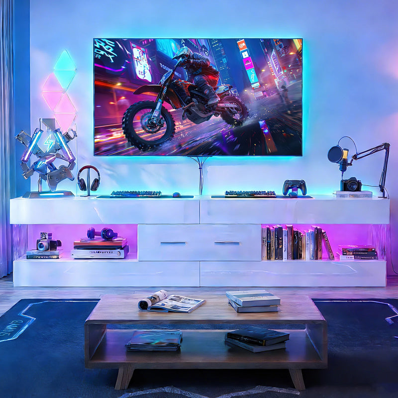 67" TV Stand for 75" TVs, High Gloss LED Media Console with Stone Doors, Drawer & Storage for Living Room, White