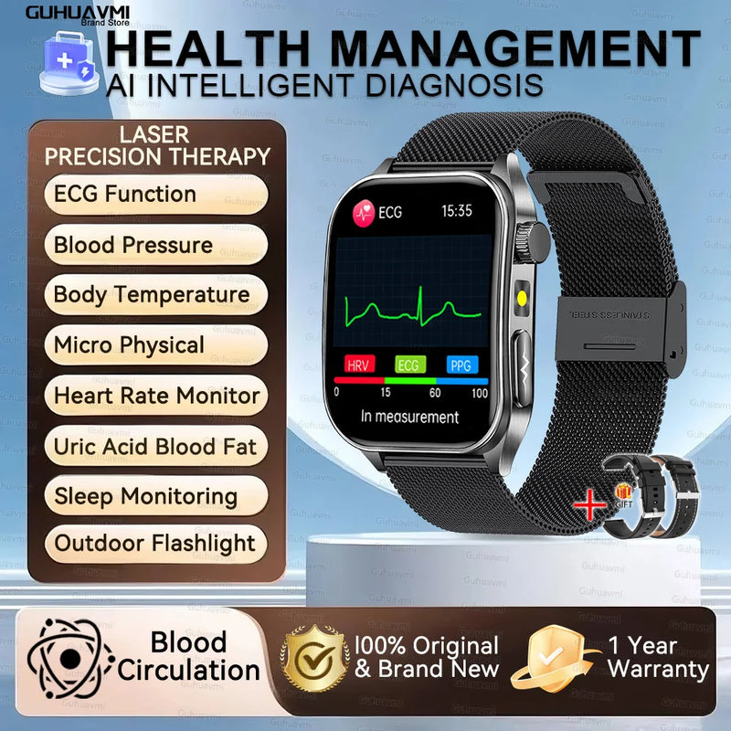 Health managed Non-Invasive Laser Physiotherapy Smart Watch Blood Pressure Uric Acid Call ECG+PPG 650nm Laser Smart Watch 2026
