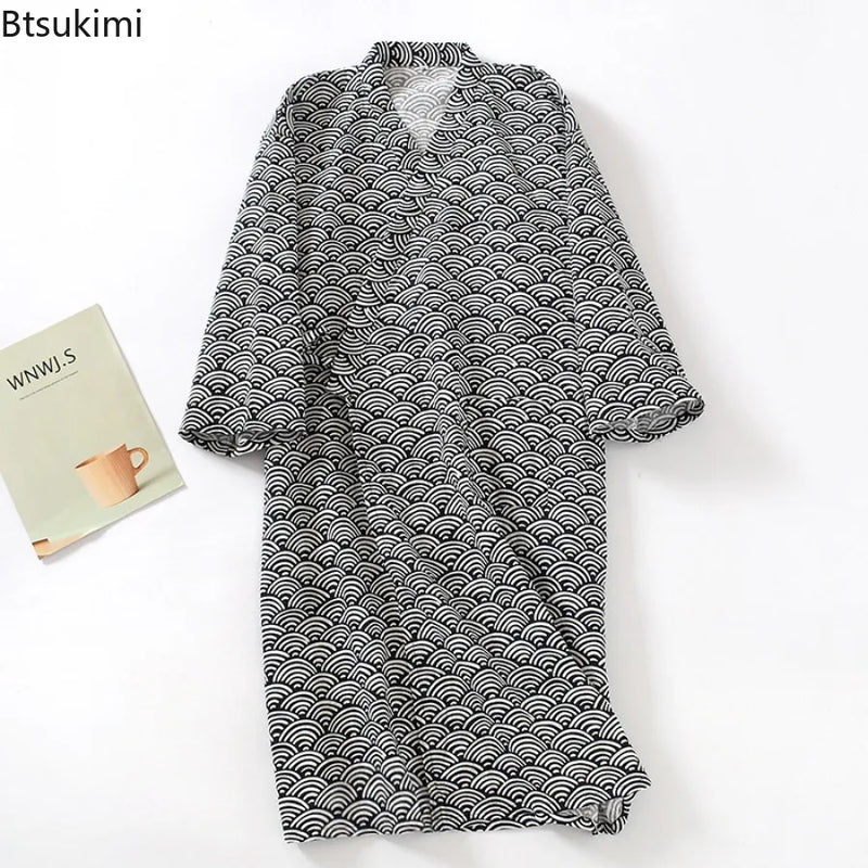 2026 New Men's 100% Cotton Gauze Bath Robes Loose Thin Japanese Kimono Pajamas for Men Casual Lace Up Bathrobes V-Neck Nightgown