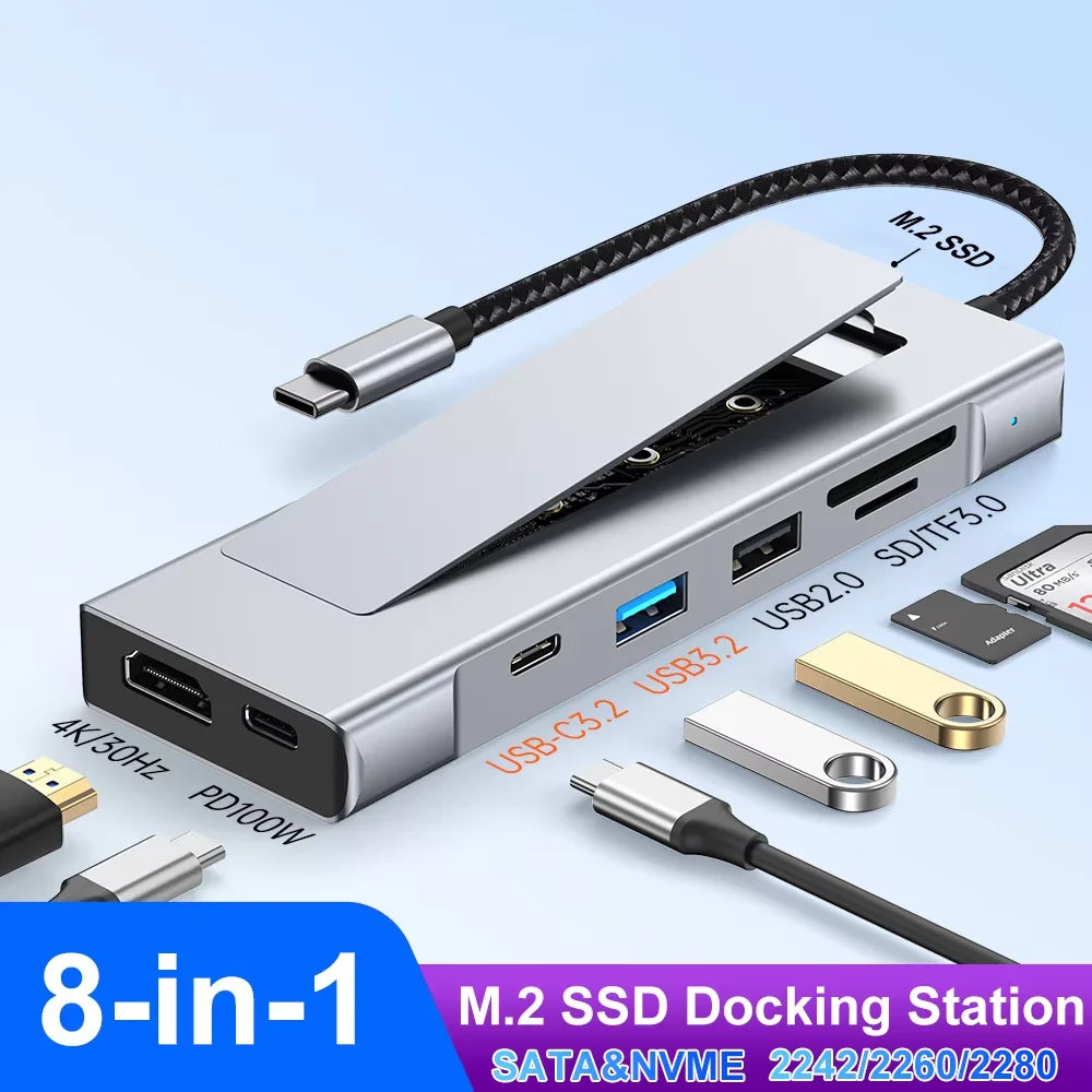 8-in-1 USB Hub M.2 NVMe SATA SSD Enclosure Storage USB3.2 Type-c to HDMI-Compatible Laptop Dock Station USB Adapter For Macbook