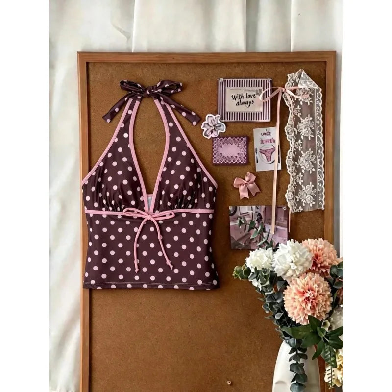 Retro Polka Dot Bikini Set Halter Neck Tie Tankini | SAMAG