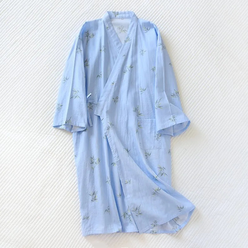 2026 New Men's 100% Cotton Gauze Bath Robes Loose Thin Japanese Kimono Pajamas for Men Casual Lace Up Bathrobes V-Neck Nightgown