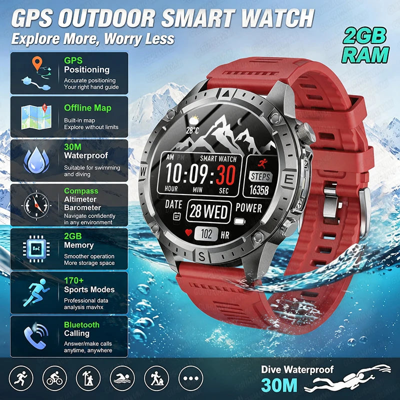 2026 Offline Map New Smart Watch 3ATM Waterproof GPS Navigation Compass Altimeter Flashlight Men 170+ Sports Bracelet Men Women
