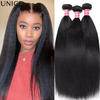 UNice Hair Yaki Straight Human Hair Bundles 100g Per Bundle 100% Human Hair Sew In Weaves 8-26 Inch Natutral Color 1/3/4 Bundles