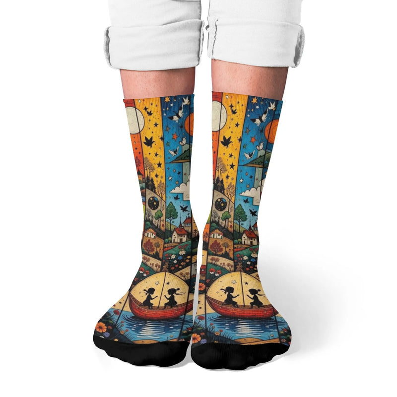 Fairy tale patchwork illustrations Funny Men's Socks Halloween Novelty Happy Socks Gift Retro Style Soft Warm Non-slip Socks