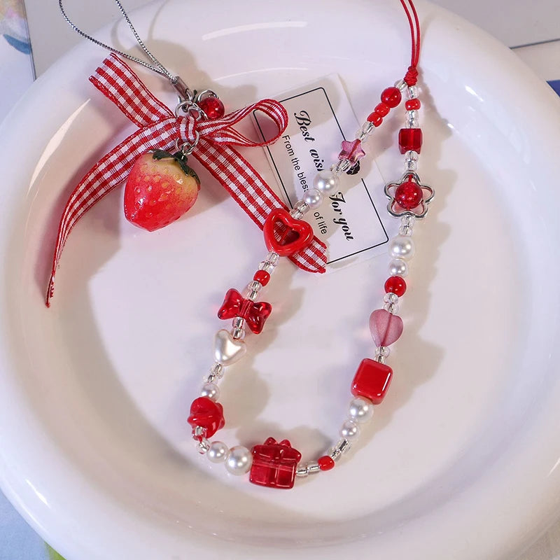 1 Pc Large Red Love Bow Mobile Phone Chain Niche Instagram Style CCD Camera Mobile Phone Hanging Rope