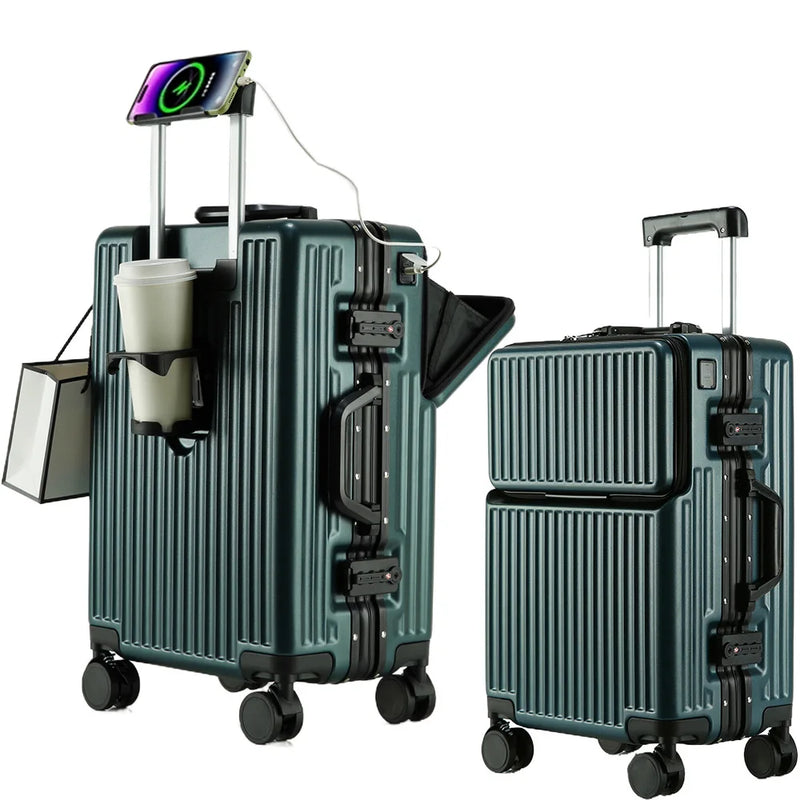 Aluminium Frame Suitcase Front Opening Cabin Luggage with USB Cup Holder Female Trolley Case Male Brake Wheel Travel Suitcase
