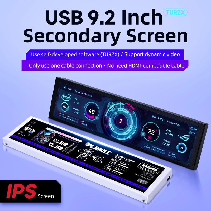 New 9.2 Inch USB-C Smart Screen IPS 1920x462 Secondary Screen Use TURZX Software CPU GPU RAM Computer Monitor for Windows 10 11